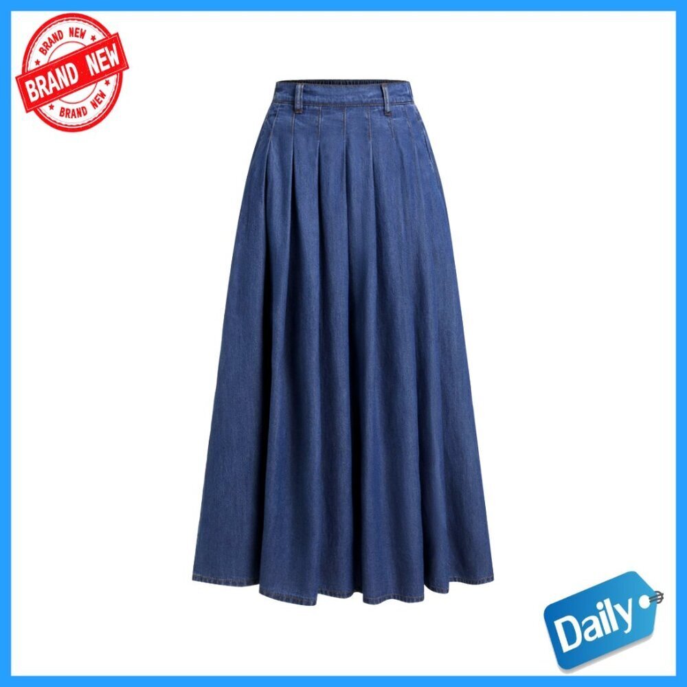Long Denim Pleated A-Line Maxi Skirt High Waisted with Pockets